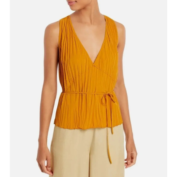 VINCE  Shirt Womens Medium Orange Pleated Sleeveless V-neck Shell Top - Picture 5 of 16